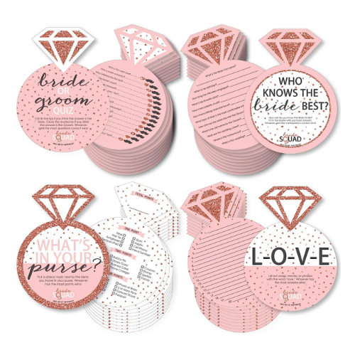 Bachelorette party games at home Bride Squad 4 Rose Gold Party Games 10 Cards Each – Who Knows The Bride Best, Bride or Groom Quiz, What’s in Your Purse and Love-Gamerific Bundle