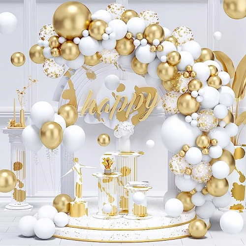White and gold balloon garland kit Huge and breathtaking set of metallic gold and white balloons! Contains 122 assorted Pcs