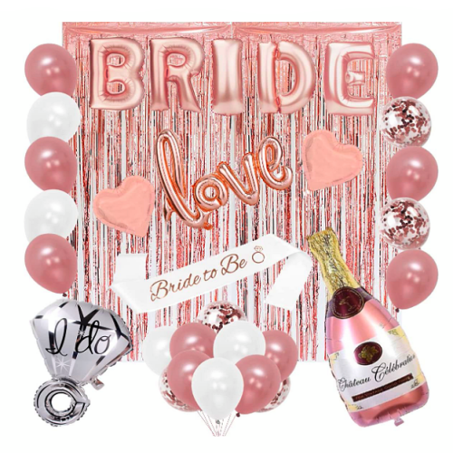 Classy bachelorette party decorations Huge pack of decorations that includes balloons of all kinds, a fringe curtain, a body ribbon for the bride and more – Selection of colors to choose from