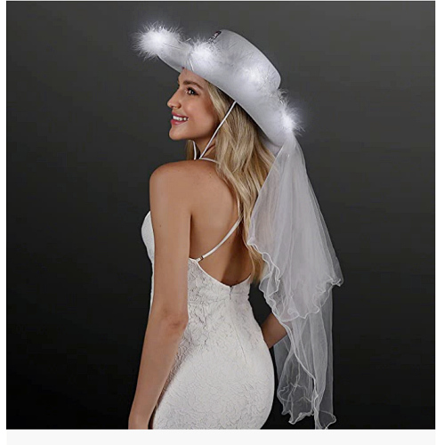 White cowgirl hat with veil with white feathers LED lights...