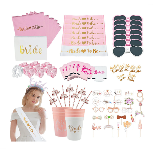 Bachelorette party favors bulk Huge package that will arrange the whole party for you – Glasses, straws, tattoos, body sashes, sunglasses, make-up bags and what not!