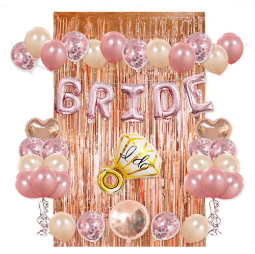 Bachelorette party decorations kit Huge rose gold decoration package that includes a variety of balloons including shapes and confetti plus glitter curtain