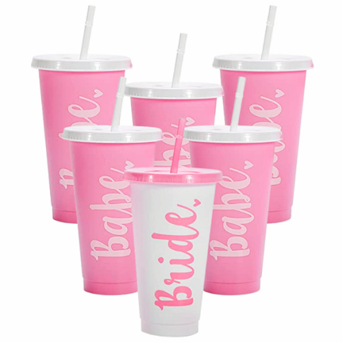 Bachelorette cups with lids and straws in Barbie pink and white colors – Set of 6 including one for the bride