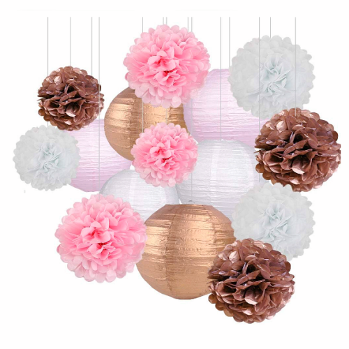 Gold and pink party decorations Pack of Chinese paper lanterns and pompoms in breathtaking color combinations for a perfect decoration of the wedding or bachelorette party