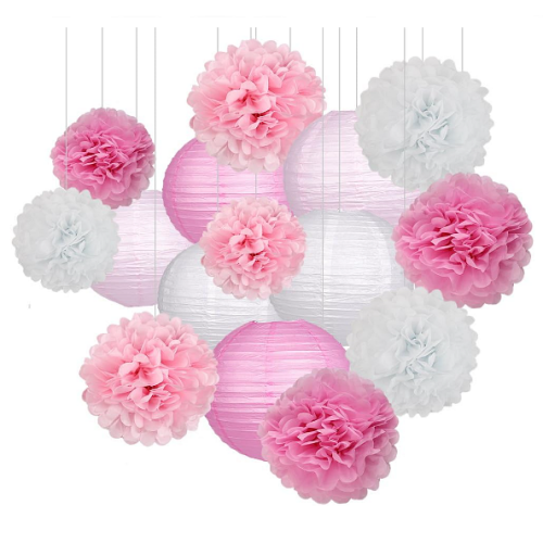 Pink party decorations ideas Pack of Chinese paper lanterns and pompoms in breathtaking color combinations for a perfect decoration of the wedding or bachelorette party