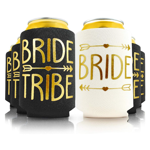 Bachelorette bottle sleeves bulk Can cooler sleeves in a spectacular design of black and gold foil with the inscription Bride Tribe including one for the bride – Set of 11 pcs