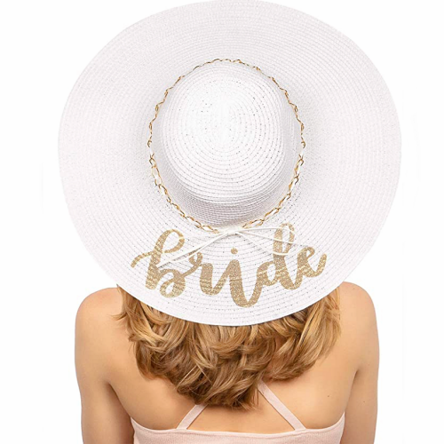 White bride sun hat Summery and fun straw hat for the beach or the pool with the inscription BRIDE – An elegant, spectacular and enviable design
