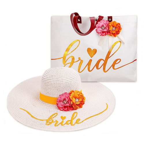 Bride gifts from maid of honor Set that includes a spectacular beach bag and a matching straw hat in a floral, colorful and happy design with the inscription BRIDE in unique orange gold