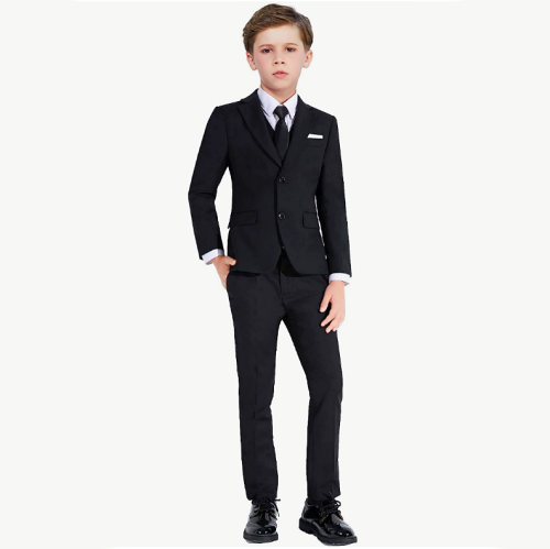 Page boy tuxedo 5-piece tailored and especially spectacular set that includes: jacket, pants, vest, with shirt and tie – 4 colors to choose from – Sizes 2-20