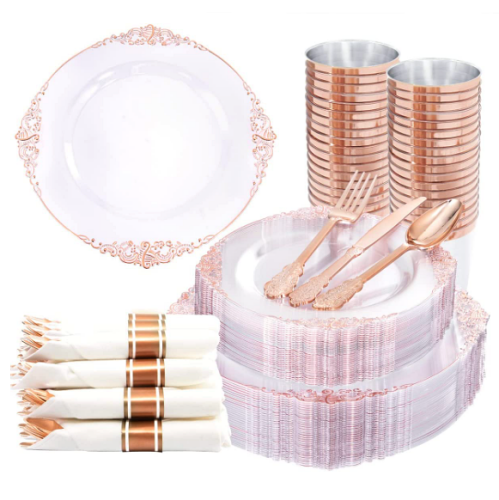 Rose gold plastic plates for wedding Huge 350-piece pack that includes disposable utensils in rose gold color – Plates, cups, cutlery and napkins