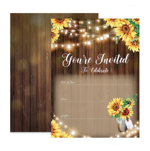 Fill in the blanks wedding invitations Sunflower Rustic Wood 25...