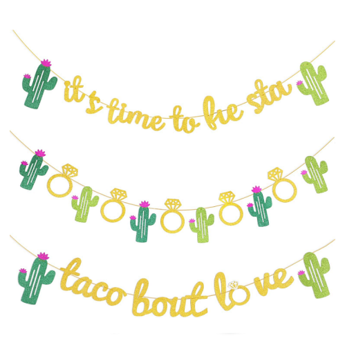 Mexican fiesta party banners Set of 3 Colorful and Happy Banners Intertwined with Sparkling Gold Letters and Sweet cactus
