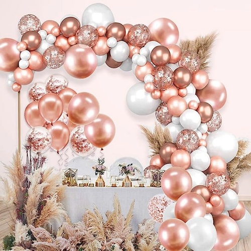 White and rose gold balloon arch kit A breathtaking balloon kit with no less than 120 balloons in different colors and sizes to create masterpieces