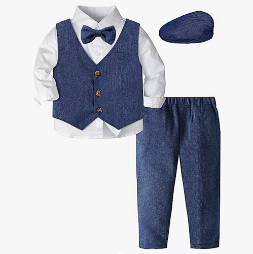 Baby boy gentleman outfit with cap Stunning 4-piece suits in popular colors to choose from that include shirt, vest, pants and hat for ages 1-4 years