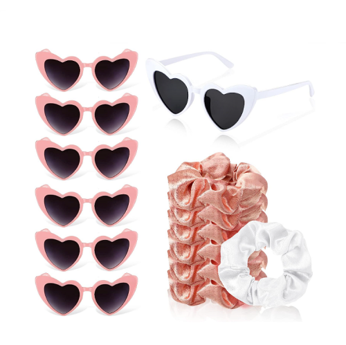 Bachelorette party favor packs Set of 7 stunning pairs of heart glasses including one for the bride and 7 pleasant velvet hair bands including one for the bride
