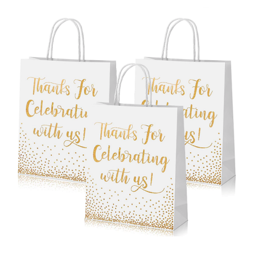 Thanks for celebrating with us gift bags with breathtaking double-sided gold foil lettering – Assorted sizes – Set of 30