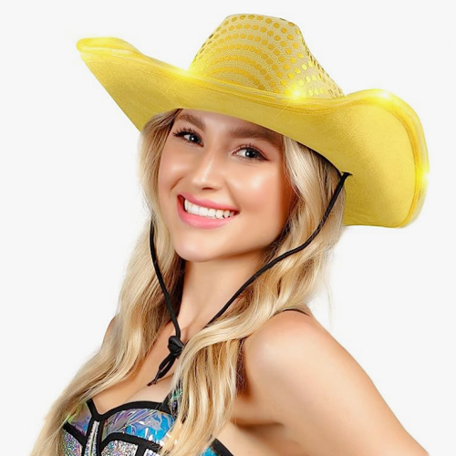 Light up sequin cowboy hat Glittering Yellow Gold Cowboy Hat with Stunning Glowing LED Lights – Light Up the Dance Floor