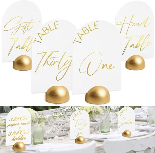 Gold white wedding table numbers 62PCS Modern Arch Table Number Card Stock Signs with Round Stand for Wedding Reception Set of 1-30 + Head Table
