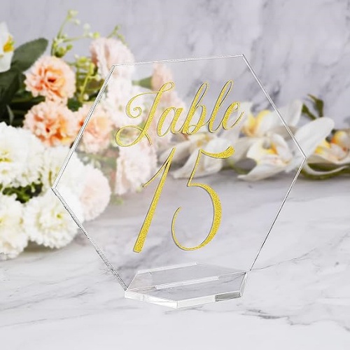 Gold acrylic table numbers With Stands Hexagon Clear Place Cards...