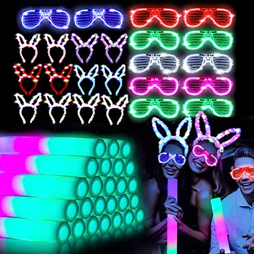 Glow in the dark party supplies wedding A perfect set that includes 24 glowing foam sticks, 12 LED glasses and 12 glowing rabbit ears