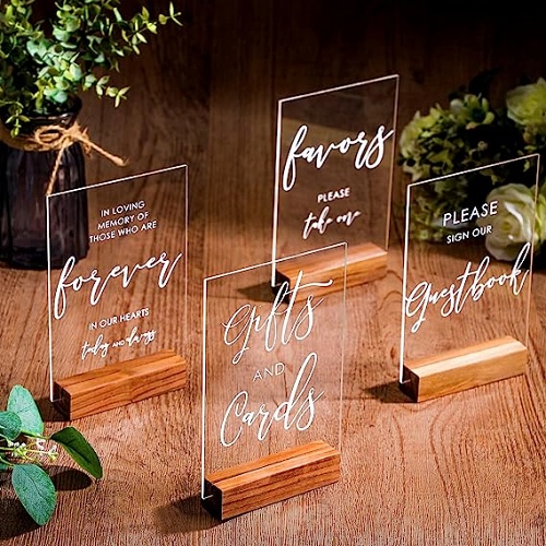 Wedding ceremony and reception signs 4 pieces with Wood Stand in a beautiful clear design