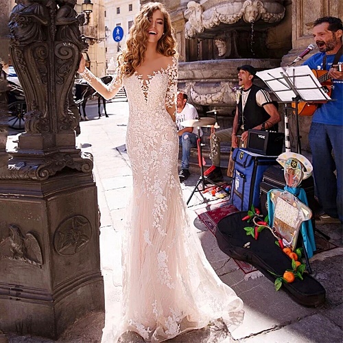 Lace boho wedding dress with sleeves V neck mermaid cut, long a-line, floor length, built in bra
