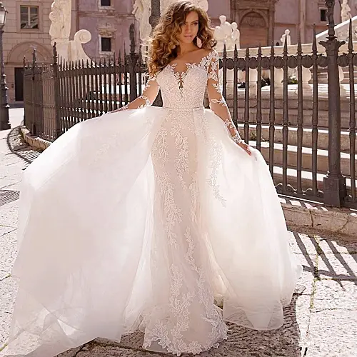 Boho lace bell sleeve wedding dress Detachable train, floor length, zipper back