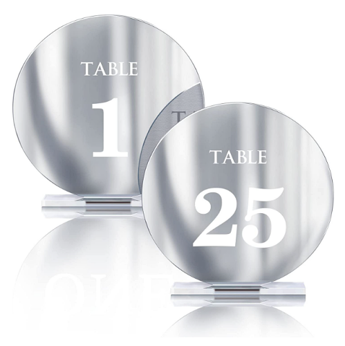 Mirror table numbers wedding Acrylic 1-25 with Stands 4.8″ Round Silver Or Gold with Holders, Centerpiece Decoration