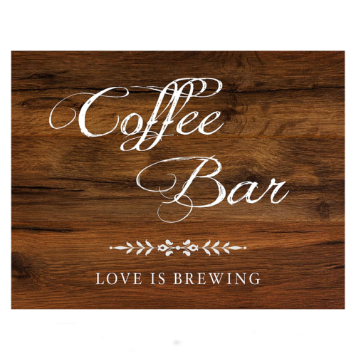 Coffee bar for wedding reception Rustic wooden background Beautiful table...