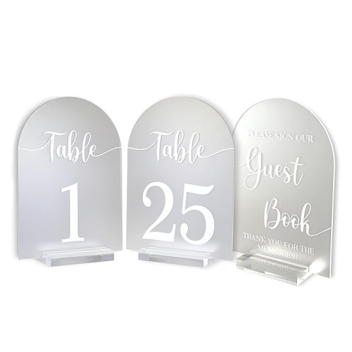 Frosted acrylic table numbers 1-25 printed signs 1 “Sign our Guest Book” sign; 1 “Cards & Gifts” sign & and 2 blank signs