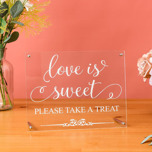 Wedding sign love is sweet take a treat Made of solid fine acrylic and A-Class printing. Comes with two sets of steel nails for standing and one hemp rope