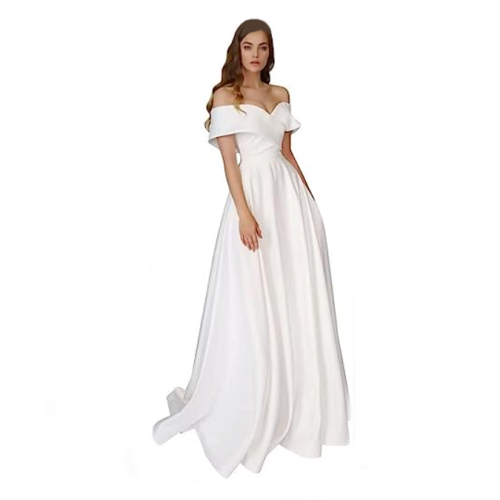 Satin off shoulder wedding dress Beautiful & Elegant A Line Bridal Gowns for Bride
