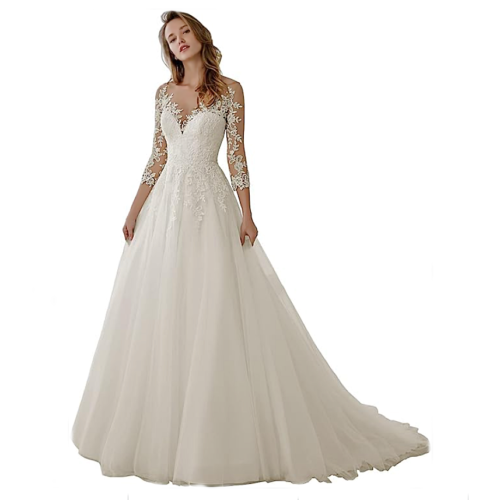 Romantic wedding dresses with sleeves Three-quarters sleeves and princess-style skirt
