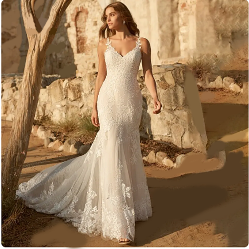 Lace wedding dress trumpet mermaid sleeveless chapel train with applique – Soft Tulle Fabric with Exquisite Lace Appliques, Lightweight Lining, Built-in Bra