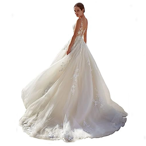 Lace applique wedding dress for sale Illusion v back design make this bridal gown looks gorgeous