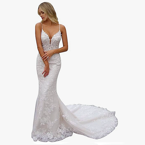 Wedding dress lace mermaid Lace Appliques Bridal Gown, V Neck, Built in Bra, Backless
