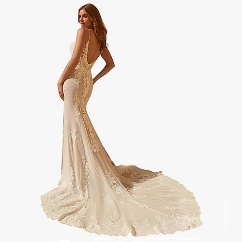 Wedding dress lace low back Sweep Train Gown For Bride with Lace Appliques, Built in Bra, Backless