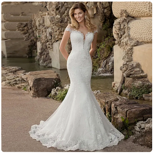 Applique lace wedding dress a-line Sheer neck decorated buttons built-in...