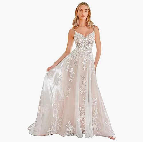 Elegant v-neck wedding gowns Lace Applique Wedding Dresses with Slit...