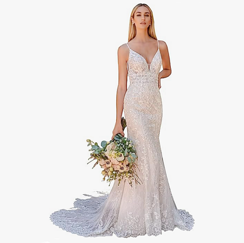 Wedding dress v neck cleavage Lace Applique Wedding Dresses with Slit V Neck Boho Gown for Bride 2023