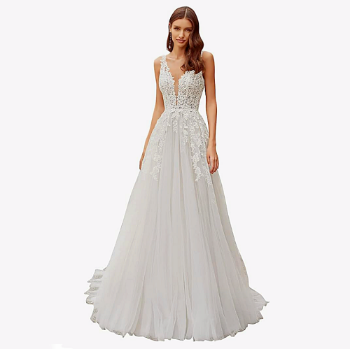 Wedding dress lace appliques with Slit V Neck Boho Gown for Bride 2023