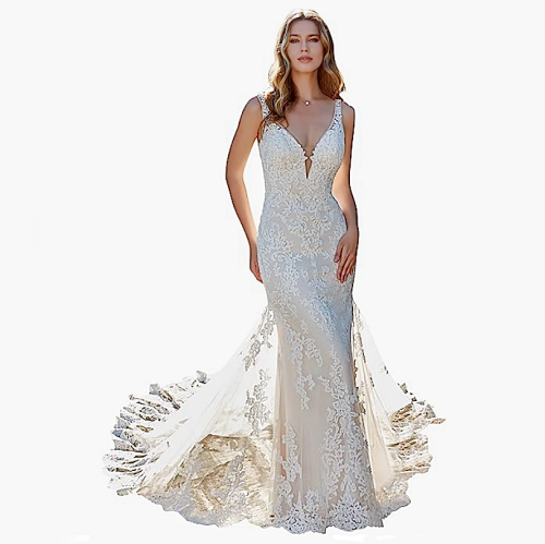 Wedding dresses floor length Lace Applique Wedding Dresses with Slit V Neck Boho Long Sleeve Wedding Gown for Bride 2023
