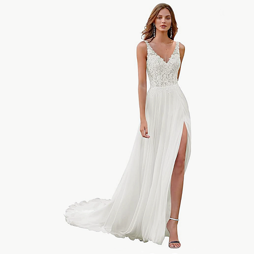 V neck lace wedding dress Lace Applique Wedding Dresses with Slit V Neck Boho Long Sleeve Wedding Gown for Bride 2023