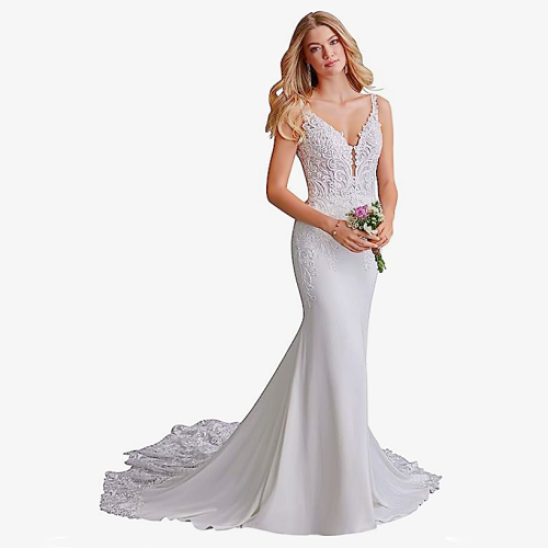 White lace beach wedding dress Long Bohemian Mermaid Bridal Gown