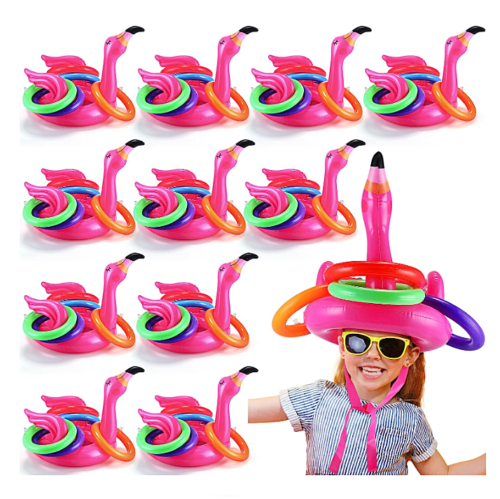 Flamingo ring toss pool game for a bachelorette party 12 inflatable flamingo hats with 5 colored rings for each - Suitable for adults and childern