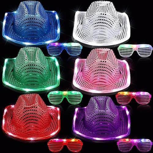 Pink light up cowgirl hat Space Cowgirl Hat and LED Glasses Set Glow in the Dark LED Cowboy Hat Shutter Shades Light up Glasses for Kids Girls Boys Women Men Birthday Party Supplies, Assorted Colors