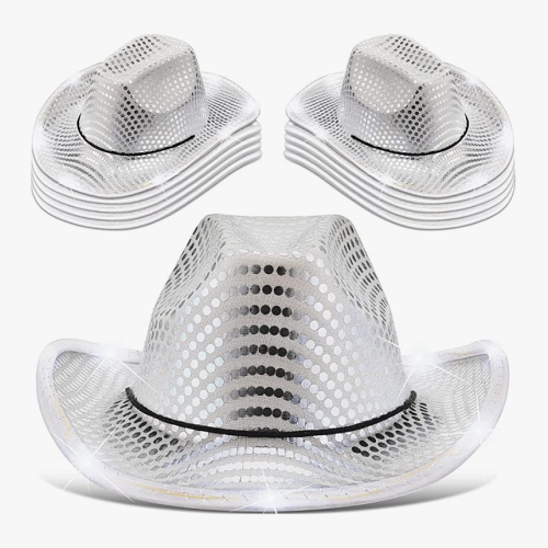 Cowboy hat party favors A pack of 10 silver cowboy hats with stunning LED lights and sparkling sequins