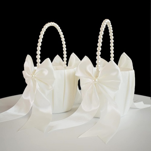Flower girl baskets for wedding with Pearl Handle, Ivory Fariy Wedding Baskets for Flower Girls, Set of 2