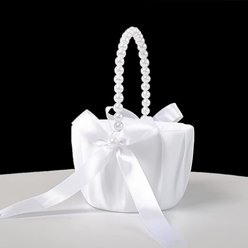 Flower girl basket cost wedding with Pearl Handle, Satin Bowknot...