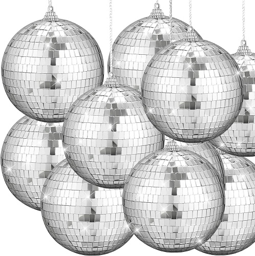 Disco mirror ball decorations 12 Pack 4 Inch Mirror Disco Ball Decorations Small Silver Hanging Ornaments Reflective with Attached String for Ring DJ Stage Lighting Effect for Christmas School Festival Fun 50s 60s 70s Party Decor